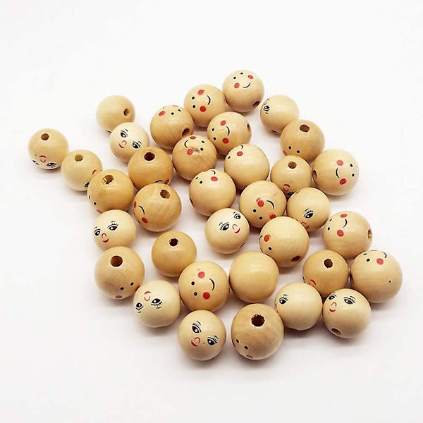 Katea 40 kpl Puu Löysät Helmiä Pyöreä Välilevy Pallo Helmiä Reiällä Poika Tyttö Hymyilevä Kasvo Nuken Pää Helmiä DIY Korut Löytö Makramee Ripustimet Käsityöt 25mm 2