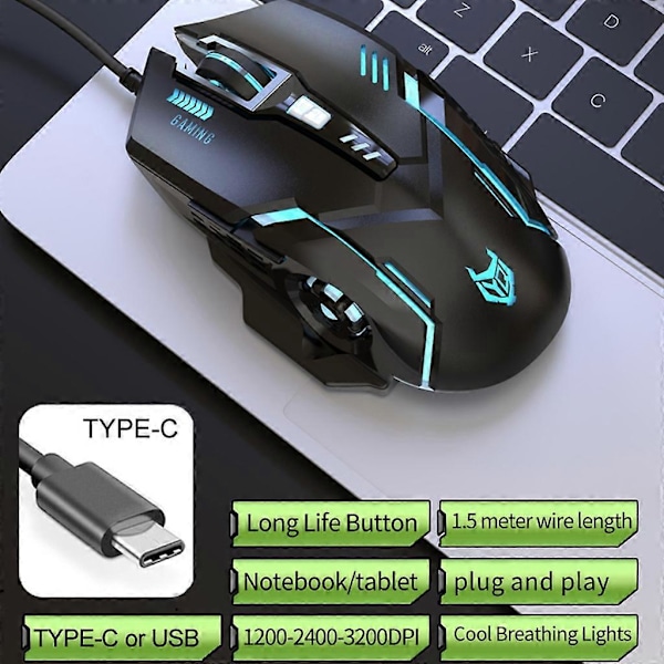 USB-C-hiiri säädettävällä herkkyydellä 3600DPI, taustavalaistu Windows-tietokoneille TypeC