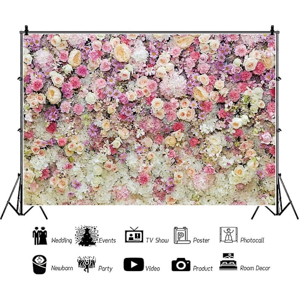 7x5ft Blomstermur Baggrund til Fotoshoot Portræt Rose Daisy Kronblade Pink Hvid Lilla Blomster Fotografi Baggrund Forlovelse Bryllup Brude Baby Sh