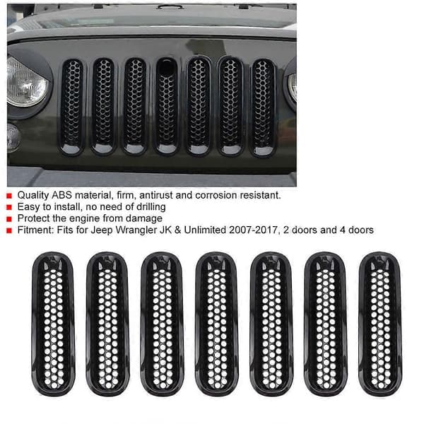 7 stk. Sort Bil Forreste Bumper Mesh Gitter Passer til Jeep Wrangler JK 2007-2017