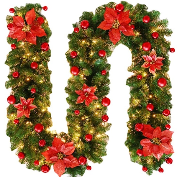 Julekrans med 50 LED-lys, 2,7 m kunstig rotting julekrans