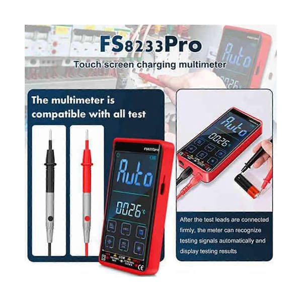 Smart Touchscreen Digital Multimeter DC/AC 10A Multimeter Transistor 9999 Counts True Rmsauto Range FS8233PRO