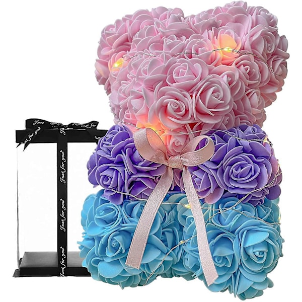 25cm Skumrosbjörn Flerfärgad Ros Flickvän Alla Hjärtans Dag Teddybjörn Present Födelsedagsfest Dekoration Konstgjorda Blommor blue AND PINK