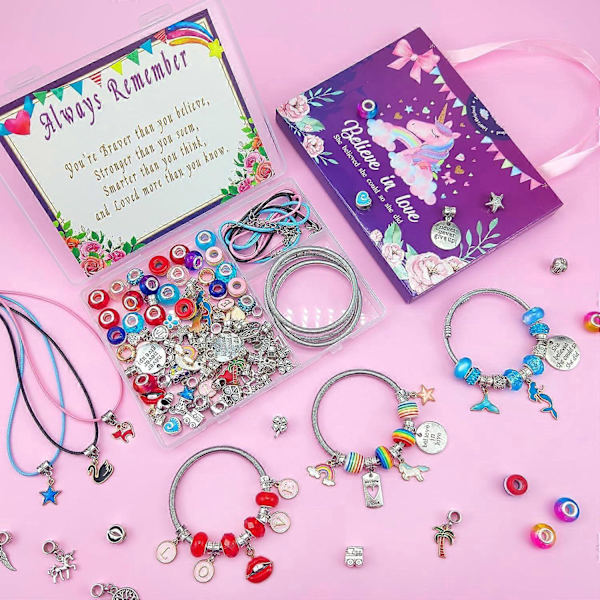 Charm Armband Kit, Smyckestillverkningstillbehör Pärlor, Enhörning/Sjöjungfru Hantverkspresenter Set för Flickor Tonåringar 5-12 År
