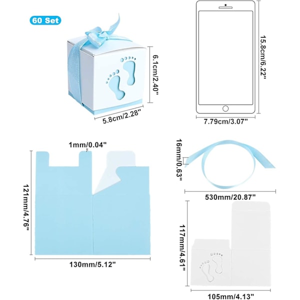 60 Sæt Babybrus Candybokse, Fodspor Foldbare Bokse Blå Papir Gaveæske Med Bånd Festbord Dekoration Fødselsdagsfest Gavegave (2,4 X 2,4 X 2,4