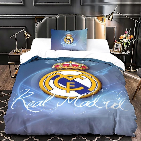 Real Madrid Logo 3 3D Print Design Berømt Fodboldhold Sengetøjssæt med Dynebetræk og Pudebetræk King220x240cm