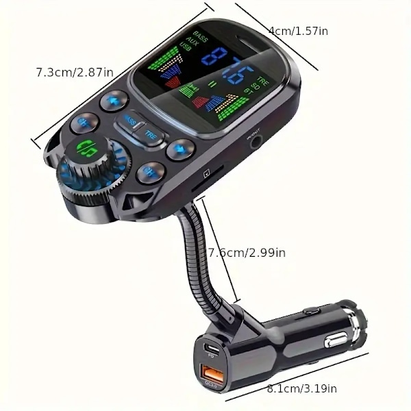 Bil-FM-sändare Trådlös 5.3 Handsfree-bilsats Bas 3,5 mm AUX-ljudmottagare QC3.0 PD 30W Snabbladdning MP3-spelare