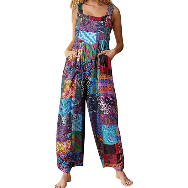 Dam Overaller Vintage Blomstermönster Lös Casual Ärmlös Jumpsuit Lång Jumpsuit Bodysuit