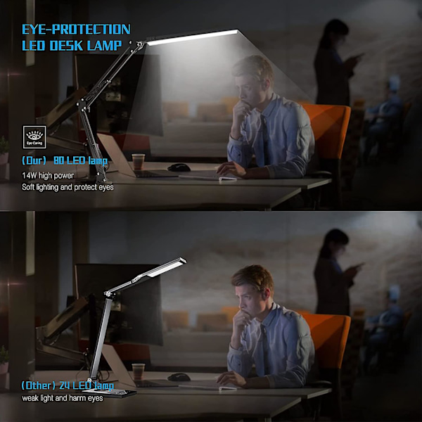 LED-skrivebordslampe, svingarm skrivebordslys med klemme, 3 lysstyrke 10 lysstyrke øye-omsorgsmoduser, leselamper for hjemmekontor 360 graders spinn med USB