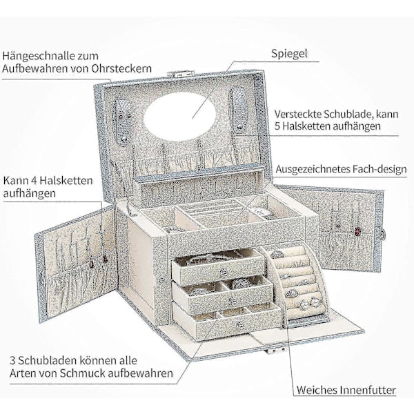 Stor Smykkeskrin med 5 Lag og Lås - Med Spejl til Ringe, Øreringe, Halskæder og Armbånd - Champagne, Smykkeskrin