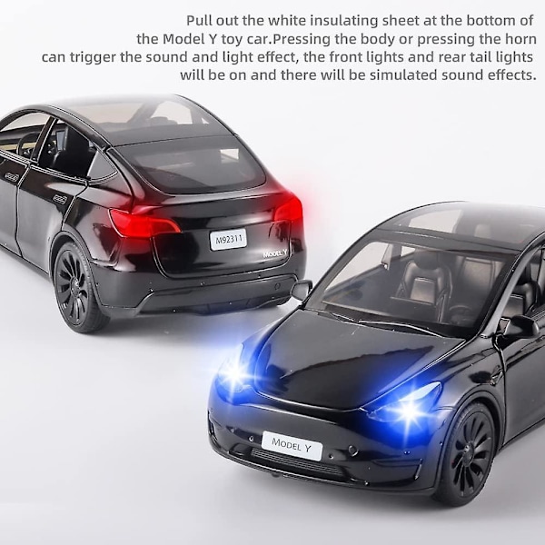 Leikkiauto Model Y 1/24 Sinkkiseos Valettu Metallimalliauto, Vetoauto Malli Valoilla ja Musiikilla (Model Y Musta)