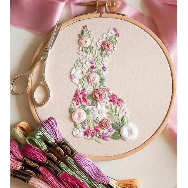 Bunny in Bloom Påskebroderikit, Påskekanin i Blomst Broderikit for Begynnere, DIY Hånd Broderi Påske Korssting Startersett