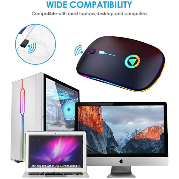 SHUJIK Trådløs Mus 2.4G USB Trådløs Mus, RGB Baggrundsbelysning Bærbar Computer Optisk Trådløs Mus, Sort