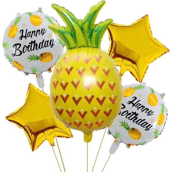 5 stk Happy Birthday Fem-spissede Stjerne Ananas Folieballonger For Hawaii Strand Sommer Tropisk Temafest Bursdagsfest Babyshower Fest Dekor