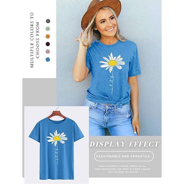 T-skjorte for kvinner med \"Let It Be\"-design, tusenfrydblomster, grafisk trykk, rund hals, kort erm