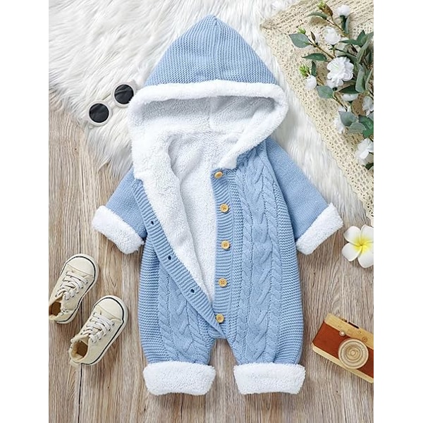 Nyfödd Stickad Bodysuit med Huva Kofta Varm Snödräkt Onesie Bodysuit Baby Vinterjacka 0-18 Månader Baby Pojkar Baby Flickor