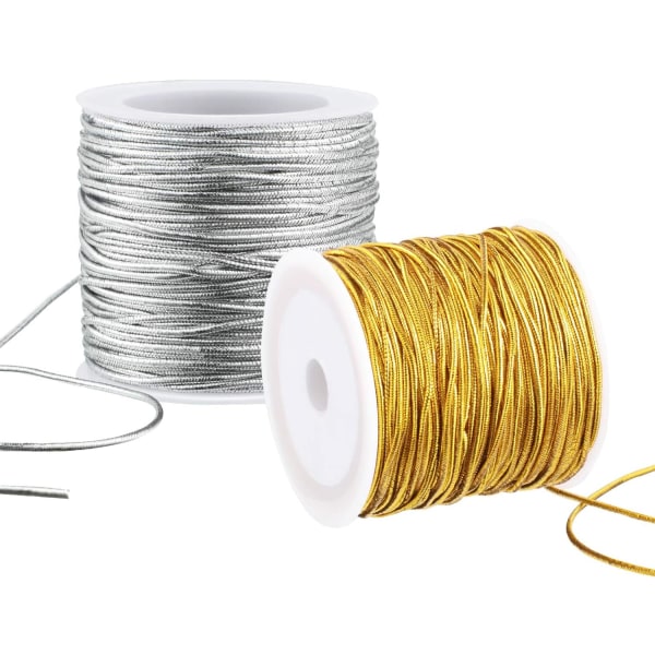 2 Rolls Metallic Elastic Cords Stretch Cord Ribbon Metallic Tinsel Cord Rope for Craft Making Gift Wrapping, 1 mm 55 Yards (Gold and Silver)