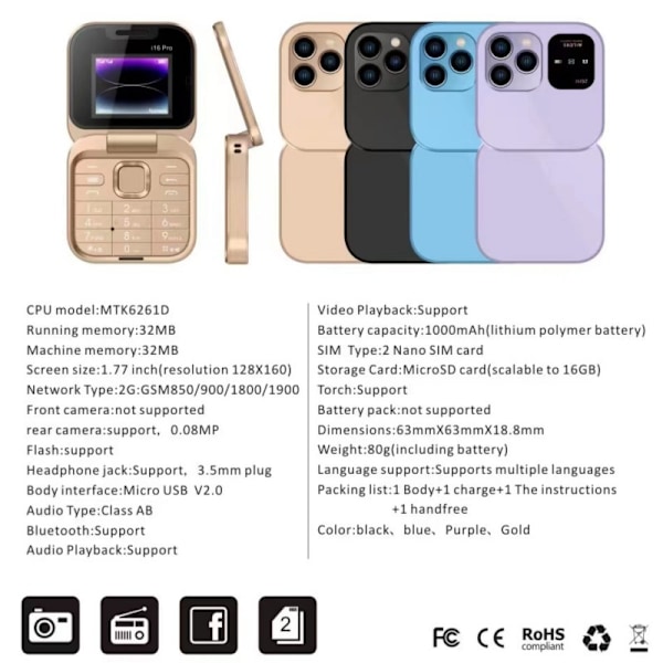 Mini Flip FM Radio Stemmehurtigvalg Vibration 2 SIM-kort Lille Skærm Foldbar (SORT)