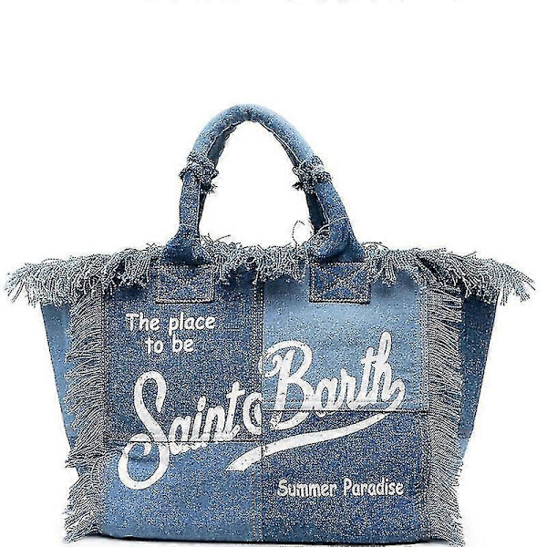 Fsw Stor Strandtaske Med Håndlavet Kvast, Modetrykt Denim Tote Bag_
