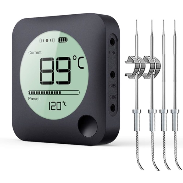 Bluetooth barbecue thermometer with timer, with 4 temperature probes, digital barbecue thermometer, instant read LED display