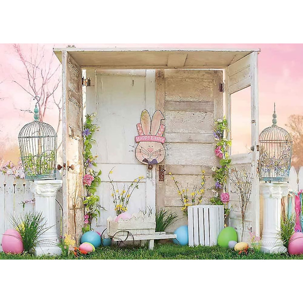 Vårfest Glad Påsk Rosa Himmel Fotobakgrund Kanin Färgglada Ägg Gräs Grön Bakgrund Vinyl 5x3ft Barn Nyfödd Fest Fotobakgrund Flickor