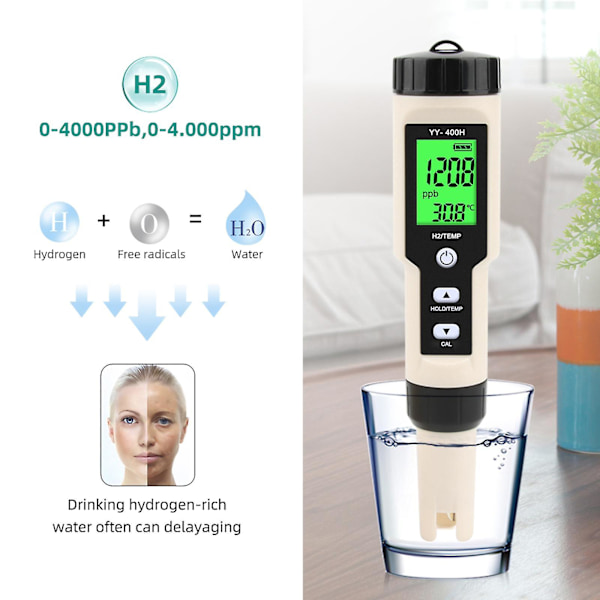 Väte-rik H2-mätare med bakgrundsbelysning Hög precision Väte-mätare för vatten