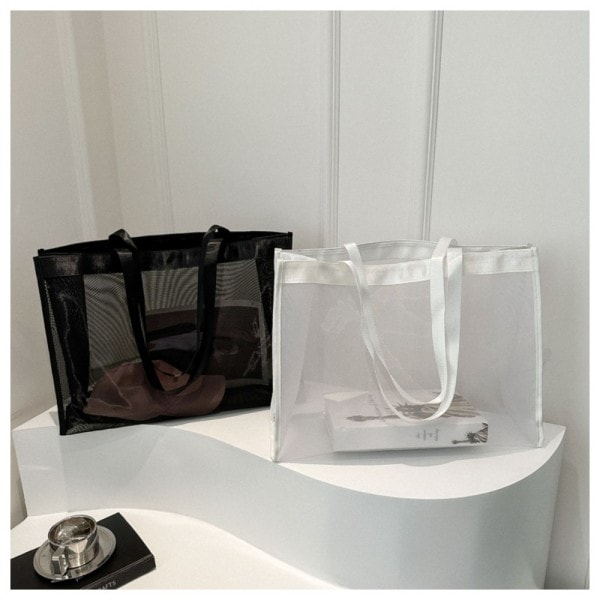 Transparent Strand Nylonveske Mesh Tote Handleveske Hvit White