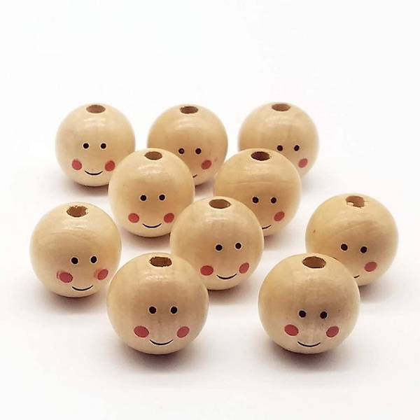 Katea 40 kpl Puu Löysät Helmiä Pyöreä Välilevy Pallo Helmiä Reiällä Poika Tyttö Hymyilevä Kasvo Nuken Pää Helmiä DIY Korut Löytö Makramee Ripustimet Käsityöt 25mm 2
