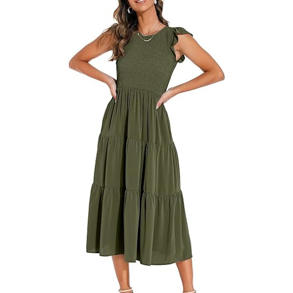 Sommer Maxikjoler for Kvinner - Casual Midi Volangermer Elastisk Midje Rund Hals Lagdelt Cocktail Maxikjole