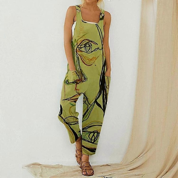 Sommer Abstrakt Trykk Løse Stropper Bukser Kvinner Ny Bomull og Hemp Stropp Knapp Jumpsuit (Grønn,XXL)
