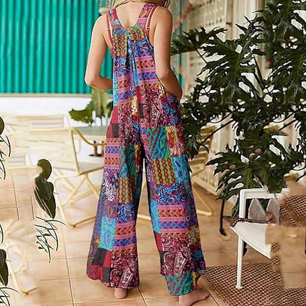 Dame Overalls Vintage Blomsterprint Løs Casual Ærmeløs Jumpsuit Lang Jumpsuit Bodysuit