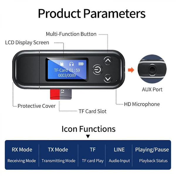 Bluetooth-vastaanotin LCD-näytöllä, Kannettava AUX Bluetooth 5.0 -sovitin autoon/kotistereoihin/kaiuttimiin/langallisiin kuulokkeisiin, Kaksoisyhteys/Melunvaimennus