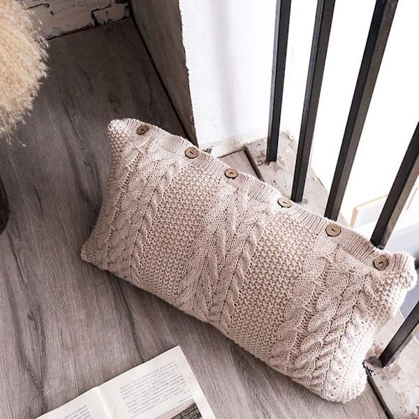 Dekorativ Stickad Kuddfodral Kuddeöverdrag Med Kudde Insats Rektangel Varma Knappar Kastkuddar För Soffa, Säng, Hem Accent Dekor, Beige Vit