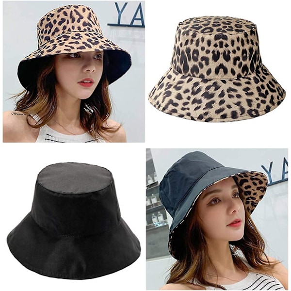 Reversibel Spandau Hat til Kvinder - Mode Leopard Fiskerhat Pakbar Blød Solhat