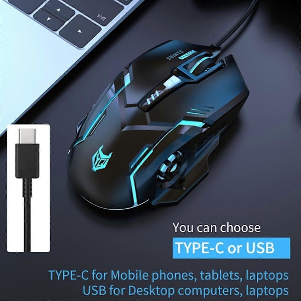 USB-C Mus med Justerbar Følsomhed 3600DPI Baggrundsbelyst til Windows PC TypeC