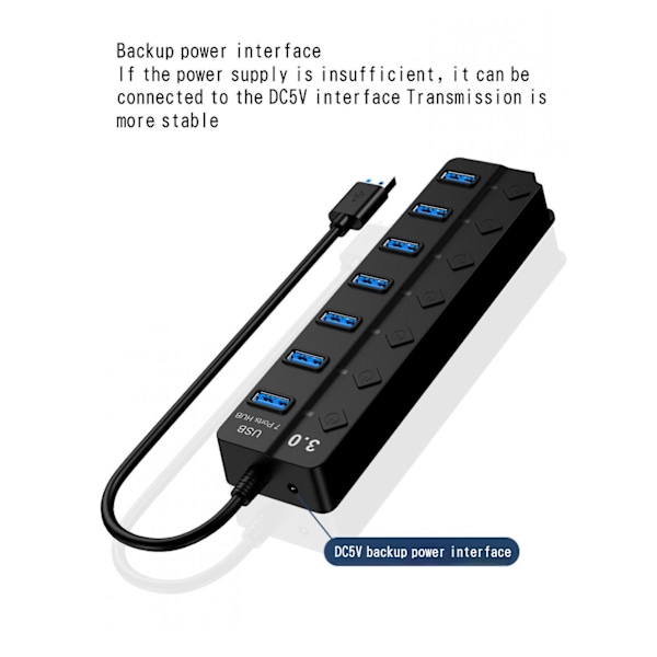 7-ports USB 3.0 Hub med høy hastighet, uavhengig bryter, USB-forlenger, datamaskin-hub, splitter