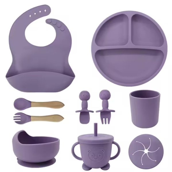 10-delad barnmatset med sugkopp, sugkoppstallrik, trähandtag, gaffel, silikonbabysnabba, silikonbarnserviser 7