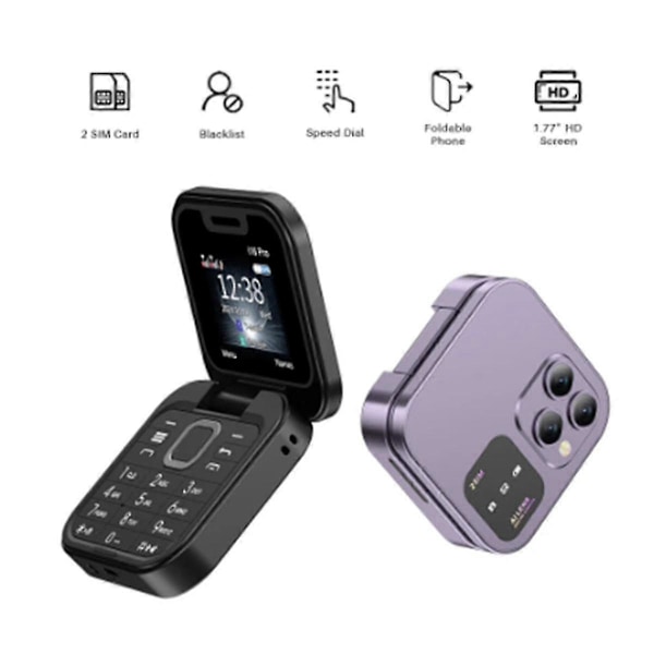 Mini Flip FM-radio Röst Snabbval Vibration 2 SIM-kort Liten Display Vikbar (Lila)