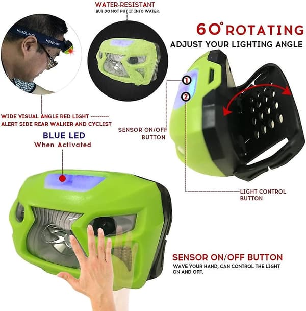 SAYTAY LED Hodelykt USB Ladbar Camping Hodelykt, med 6 Moduser Hodelys og Bevegelsessensor, Vanntett, SOS, for Vandring, Løping, Utendørs, Camping, Em