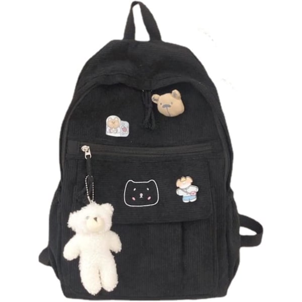Svart verktøyveske, Kawaii Corduroy ryggsekk med søt bjørneanheng Vintage veske for jente student skoleveske koffert laptopveske