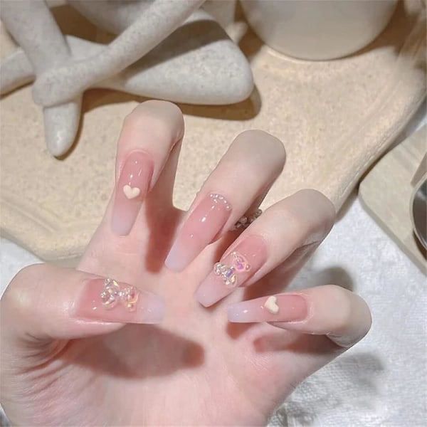 24 stk Perle Gele Kunstige Negl, Søte 3D Aurora Krystall Bjørn Hjerte Trykk På Negl Bling Blank Gradert Rosa Falsk Negl Kjærlighet Dating Fingertupper