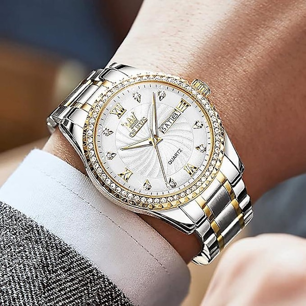 Lyxiga herrur i rostfritt stål, stora guld-analoga herrur med kvarts, mode 30m vattentäta casual armbandsklockor med dag-datum diamant manlig dröm
