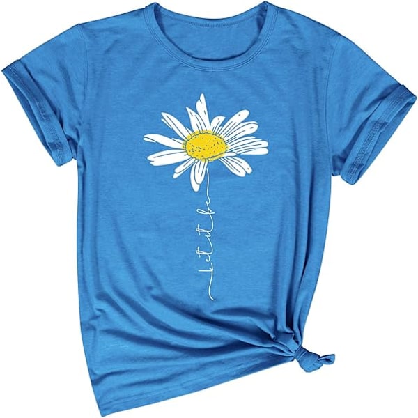 T-skjorte for kvinner med \"Let It Be\"-design, tusenfrydblomster, grafisk trykk, rund hals, kort erm