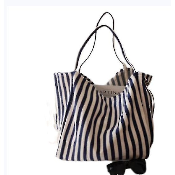 Randig Canvas Tote Bag Återanvändbar Bomullsduk Förvaring Shoppingväska Tygväska (blå Vit) (1st)