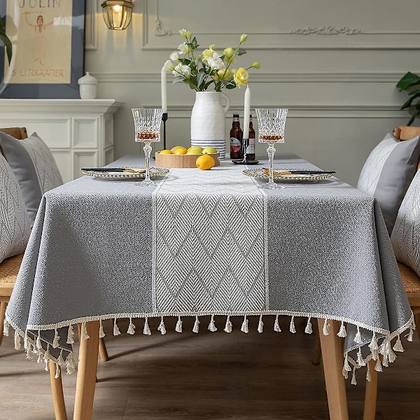 Rektangulär Kvadratisk Duk Stickad Broderi Texturerad Frans Bomullslinne Dekorativ Avlång Bordsskydd för Kök Matrum Picknick (55x102 Tum