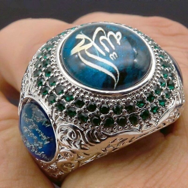 Ny Islam Muslimsk Rune Mønster Ring Menn Ring Mote Bohemian Krystall Inlagt Ring Religiøs Amulet Tilbehør Fest Smykker