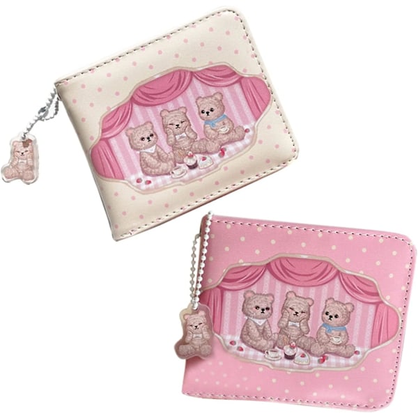 2 Pcs Kawaii Bear Wallet Cute Cartoon Card Holder Bifold Small Purse Girl Pink Key Bag Front Pocket Wallet