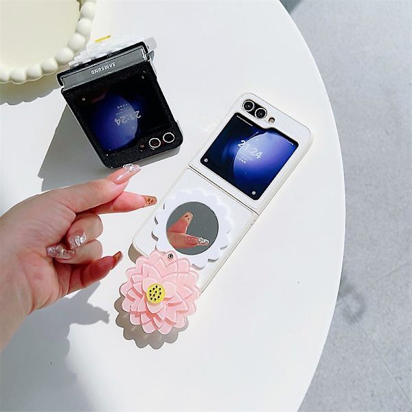 Bling Glitter-etui til Samsung Galaxy Z Flip 6, Sød Blomst med Skjult Spejl, Tyndt PC-etui, Stødsikkert Beskyttende Cover til Kvinder og Piger