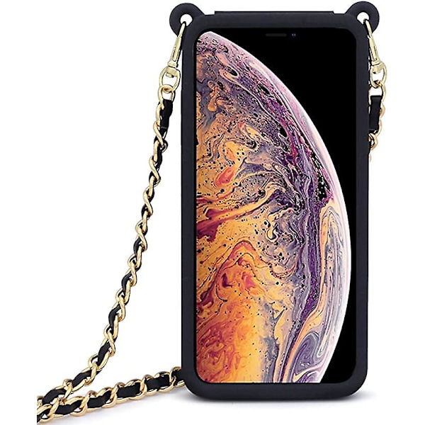 iPhone XS Max -lompakko puhelimen kuori kaulanauhalla ja olkalaukku ketjulla, luottokorttipaikka, tytöille ja naisille, silikoninen iskunkestävä puhelimen kuori, musta