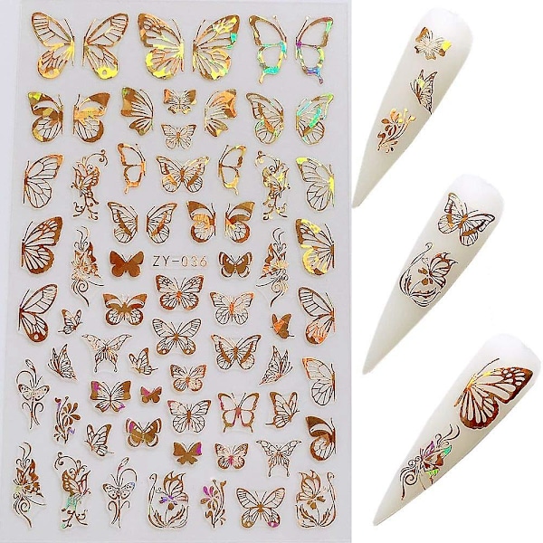 Nail Angel 8 Nagelsticker med Olika Laserguld och Silver Fjärilsformer för Nageldekorering 10238